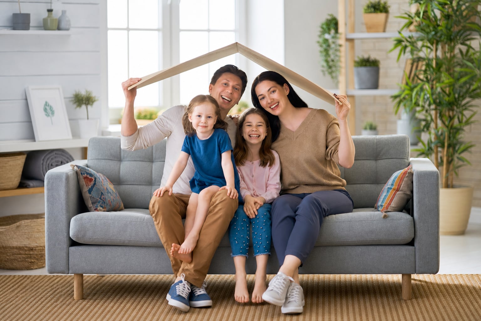 Smiling family sitting together at home